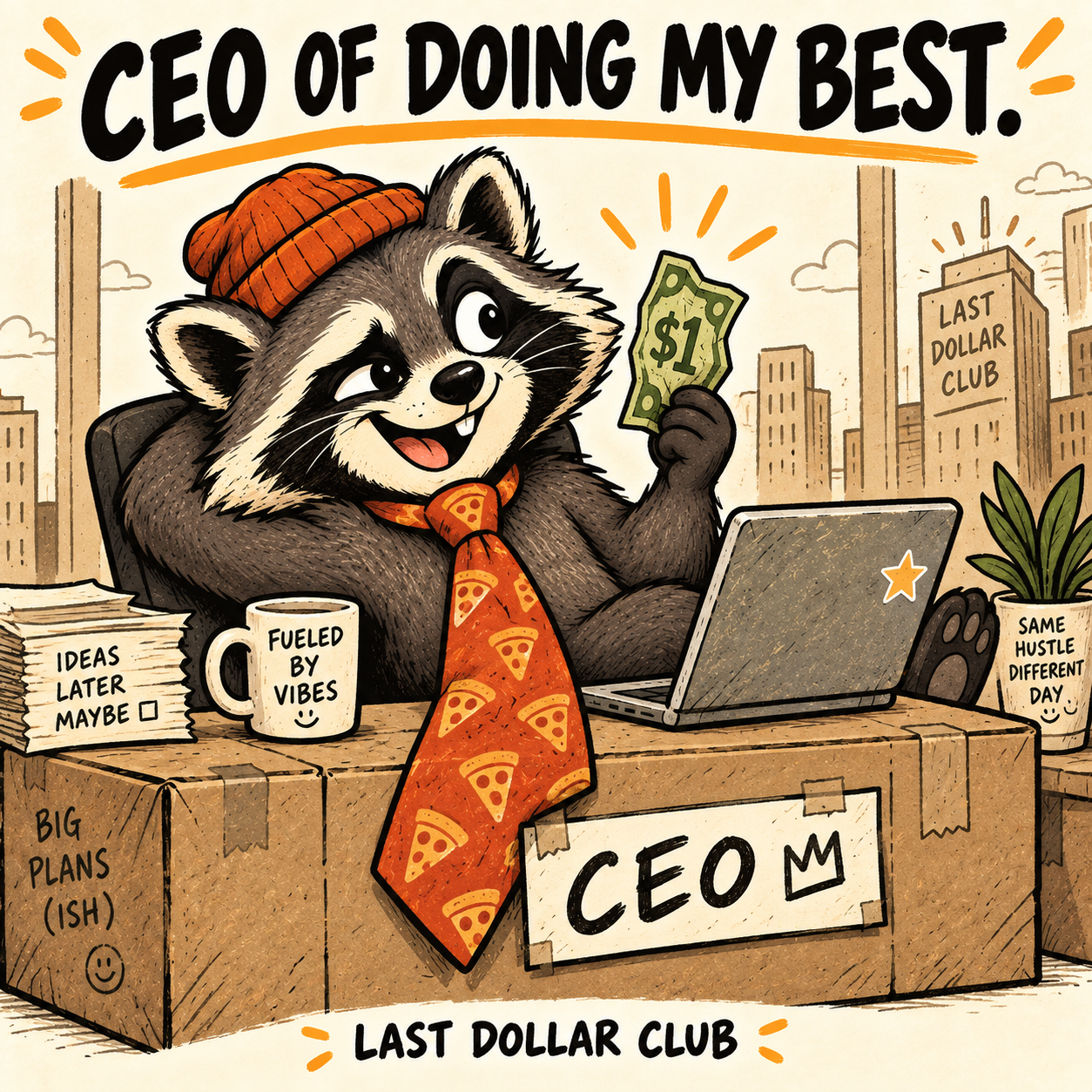 Our raccoon CEO at his cardboard desk.