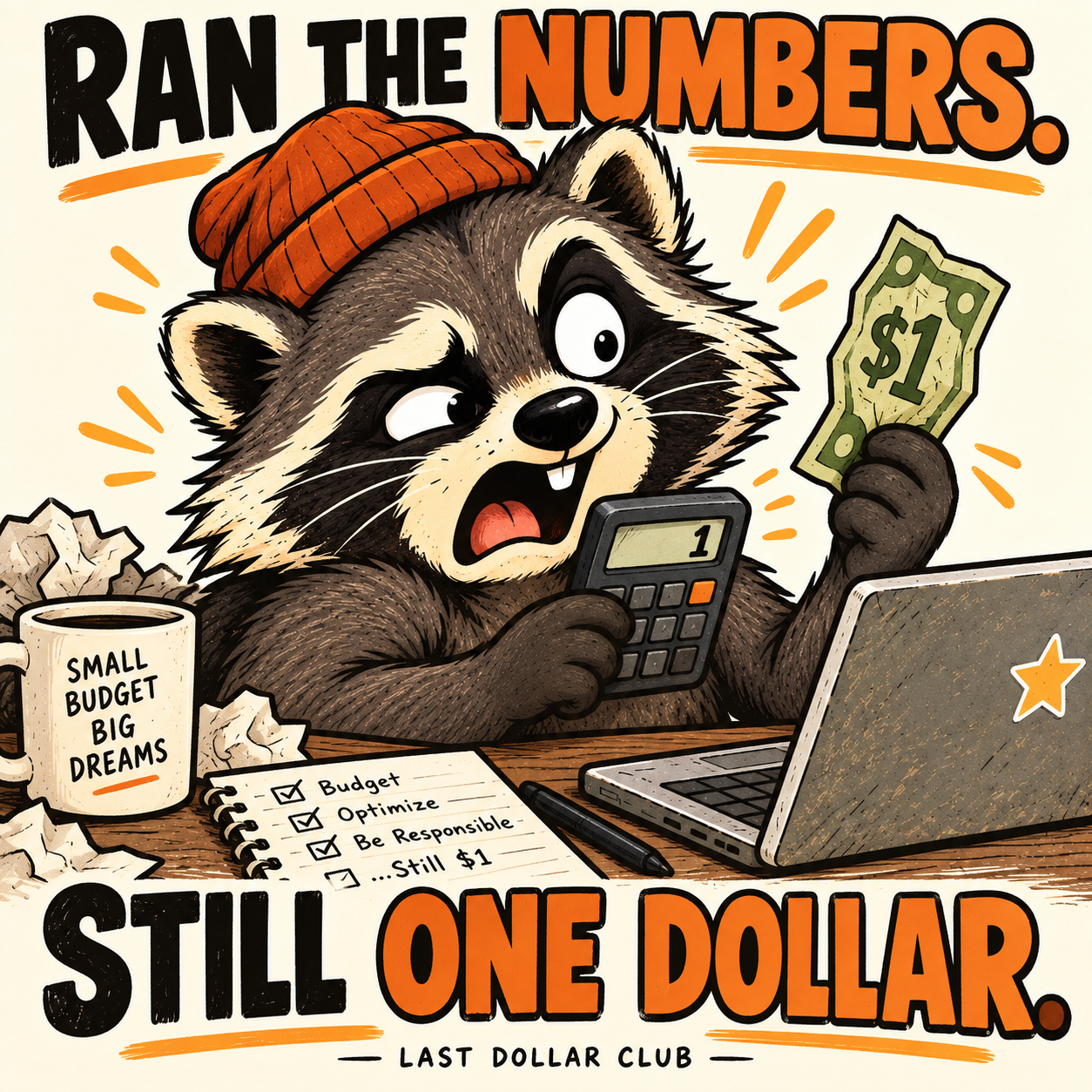 The raccoon discovering his calculator still says one dollar.