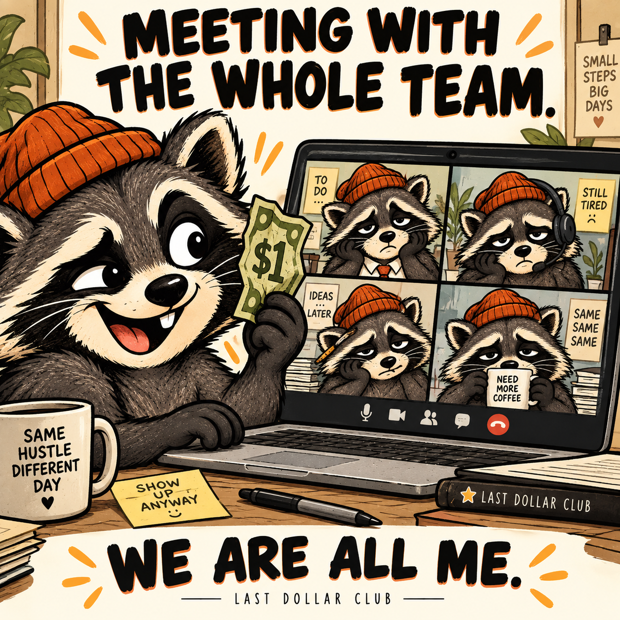 A video meeting where every colleague is the same raccoon.