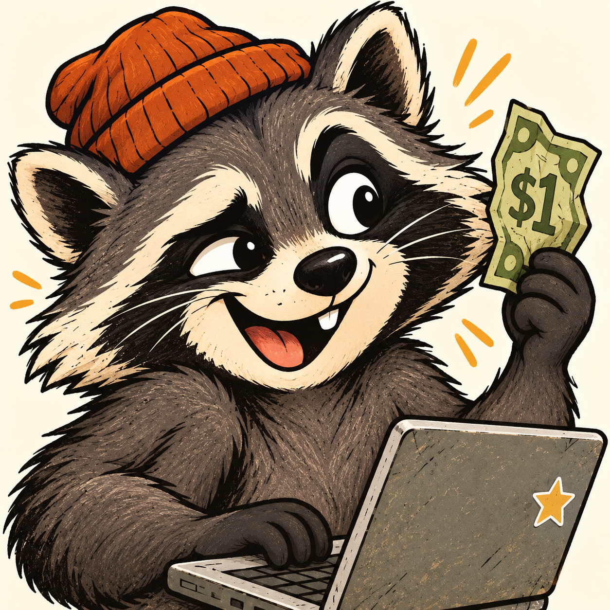A comically confident raccoon holding a crumpled dollar beside his laptop.